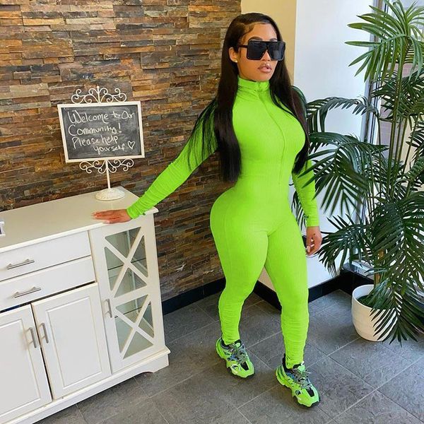 

ribbed knitted fitness club polyester womens rompers front zipper v neck fashion long sleeve workout sporty jumpsuits, Black;white