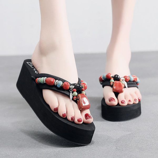 

slippers women summer beach shoes high-heel flip flogs bohemia woman colorful stone ladies zapatos de mujer 33-42, Black