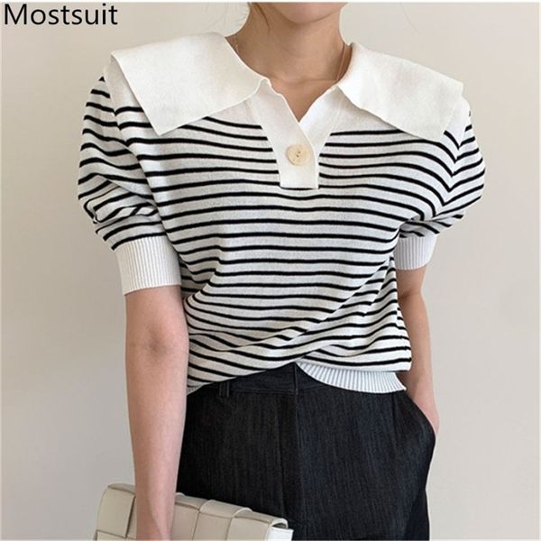 

summer korean striped knitted t shirts women short sleeve turn-down collar fashion casual female tees t-shirts femme 210513, White