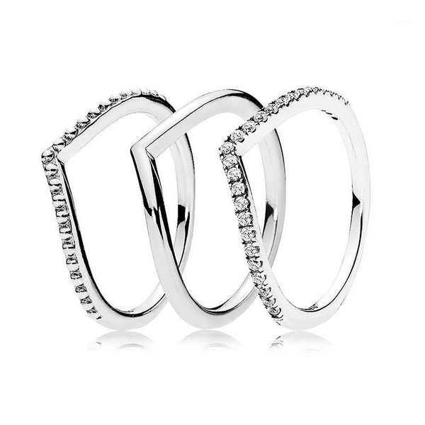 

authentic 925 sterling silver ring wish bone set with crystal stack rings for women wedding party gift fine europe jewelry1, Golden;silver