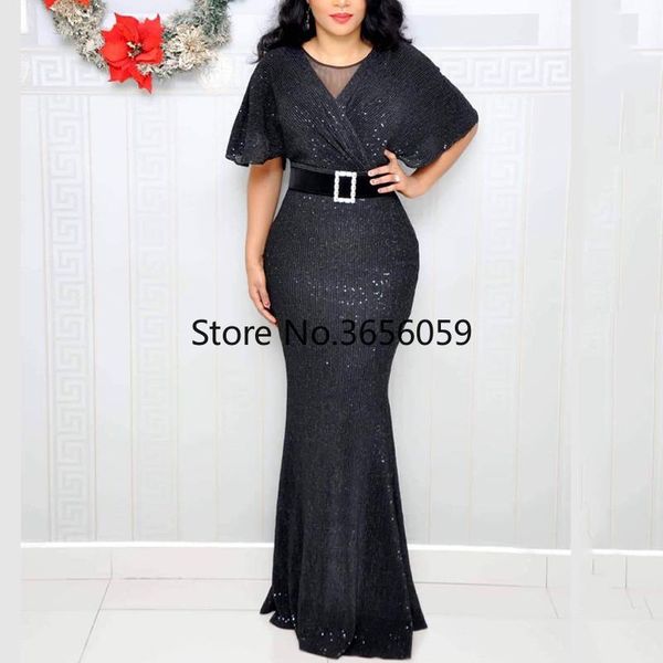 

ethnic clothing african ladies evening dress sequins shiny party gown women short sleeve bodycon robes 2021 dashiki bazin riche maxi robe, Red
