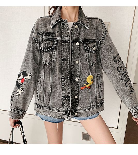 

women's jackets denim jacket female2021 spring autumn loose single breasted embroidery cartoon pattern long-sleeved korean fashion, Black;brown