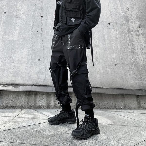 

black cargo pants men hip hop streetwear joggers sweatpants fashion trousers pocket ribbon design harajuku pant male hg088 men's