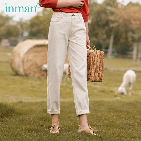 

women's pants & capris inman 2021 autumn arrival concise style cotton casual straight leg plain women jeans, Black;white