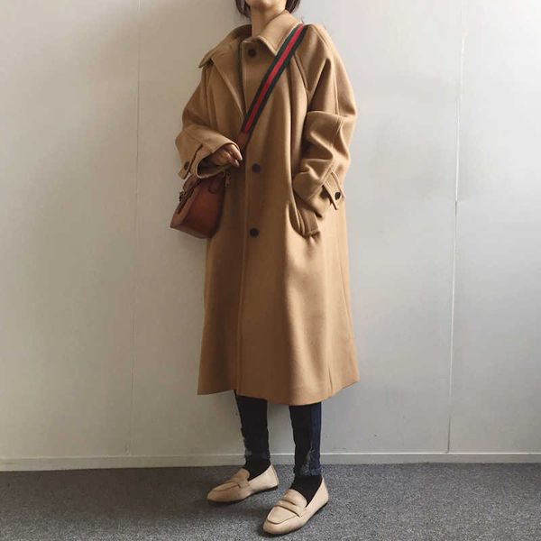 Женское шерстяное пальто повседневная куртка женская осень и зима сплошной цвет свободных длинных дам мода теплый топ 210527
