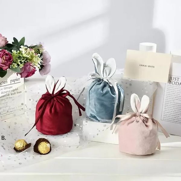 Personalizado veludo saco de easter favor orelhas de coelho design cocket cubeta macio macio presente de casamento embrulho portátil pocketstring bolso atacado