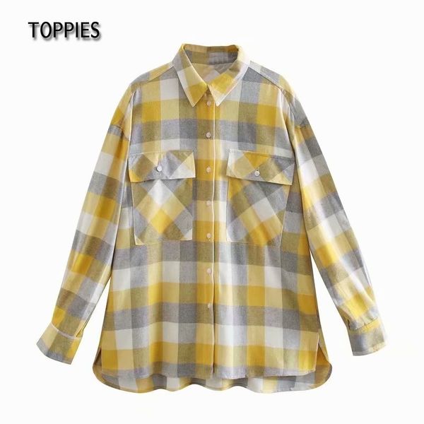 Toppies Gelb Plaid Shirts Frauen Übergroße Lose Tops Weibliche Blusen Langarm Shirt Plus Größe Kleidung 210412