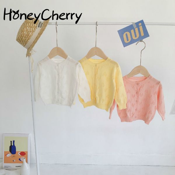 

spring sweet love solid color cardigan sun proof air conditioning shirt long sleeve knitted hollow coat baby girl 210515, Blue