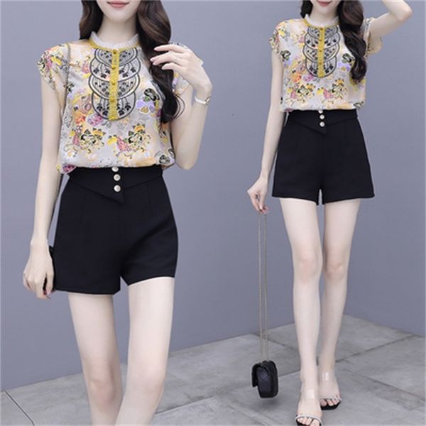 

two piece dress fashion chiffon vintage women korea print outfits for woman lace ruffles yellow short sets fvv4, White
