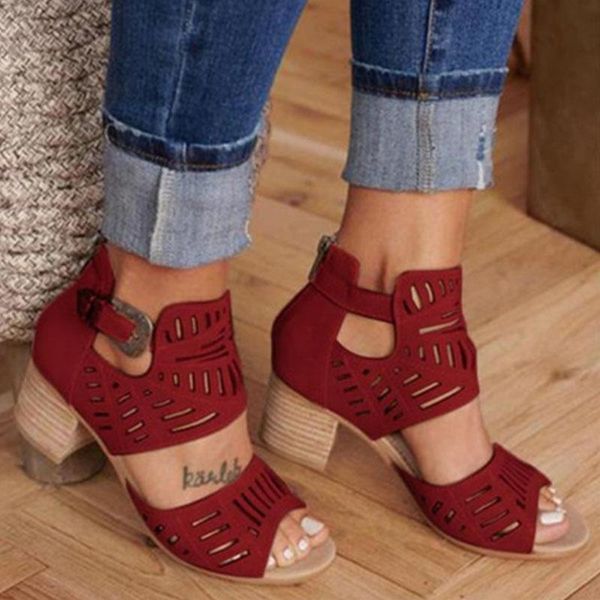 

womens high-heeled sandals thick-heeled fish mouth shoes carved vamp summer flock, Black
