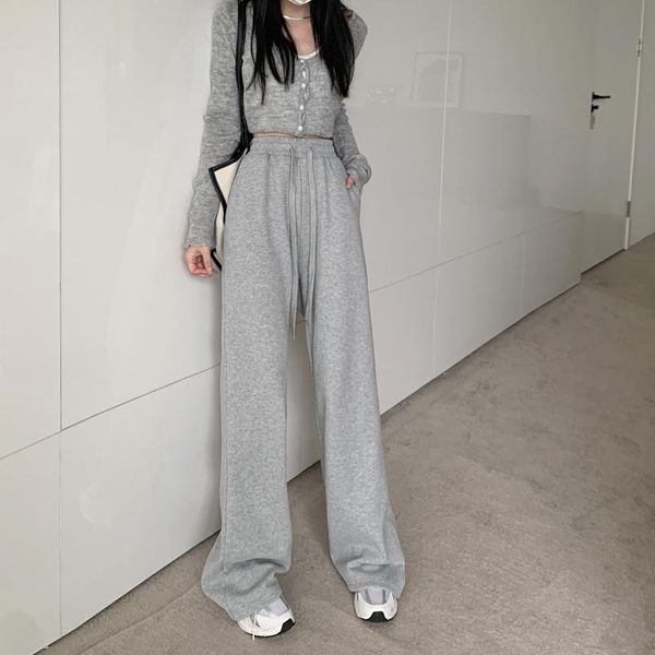 

women's pants & capris grey casual plush thickened versatile sports winter high waist wide leg mops, Black;white