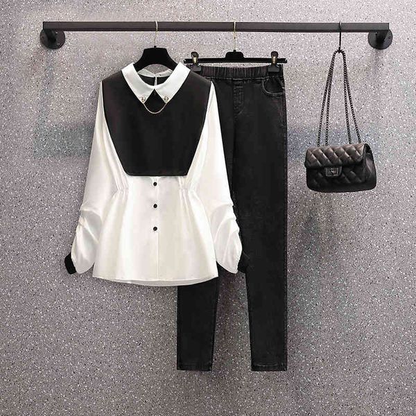 

women's two piece pants plus size women's clothes autumn long sleeve shredded blouse and pants defines elegant office ladies two p, White