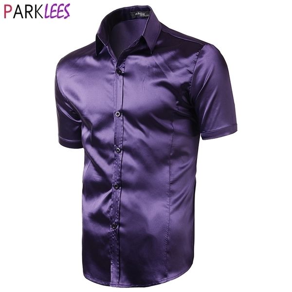 Фиолетовый Silk Silk Satin рубашка мужчины летом с коротким рукавом Slim Fit Mens платье рубашки повседневная гладкая вечеринка Chemise Homme 2XL 210522