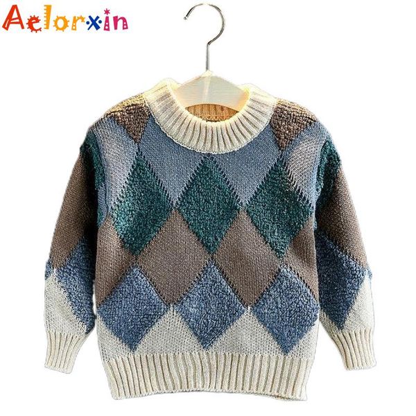 

pullover girls sweaters plaid sweate knitted knit autumn winter loose children round collar long sleeve 3-7y, Blue