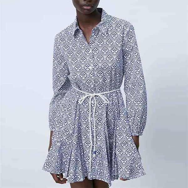 

za style printed pleated dress lace up casual beach lapel lantern sleeve elegant mini party vestidos 210915, Black;gray