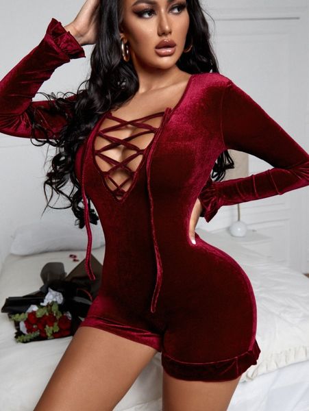 

sxy lace up front flounce sleeve velvet unitard romper n6wi#, White