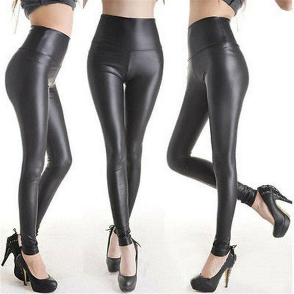 

fashion casual high waist women leggings solid black faux leather wet look stretch tight pu slim fit long trousers