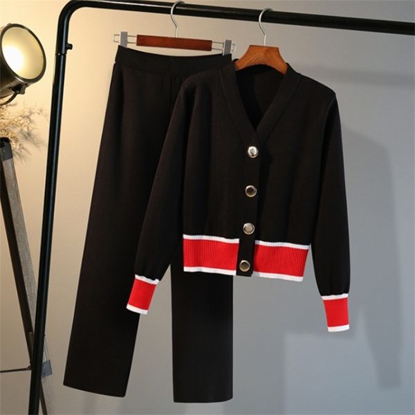 

spring autumn 2 piece set korean women v-neck single-breasted hit color knit sweater + wide leg pants suit casual outfits 210519, White