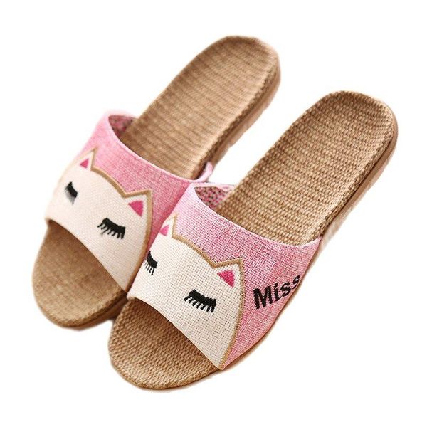 

slippers 2021 women summer beach shoes cute cat flip flops breathable slides girls indoor linen female sandals, Black