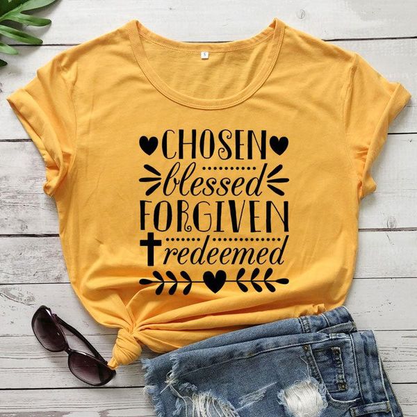 

chosen blessed forgiven redeemed woman tshirt short sleeve casual tee drop graphic women's t-shirt, White