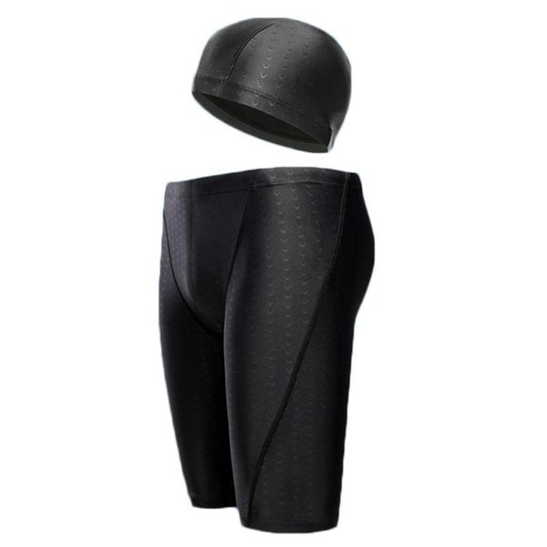 

two-piece suits men sharkskin waterproof swim trunks with swimming cap drawstring elastic waist beach board shorts quick-dry swimwear