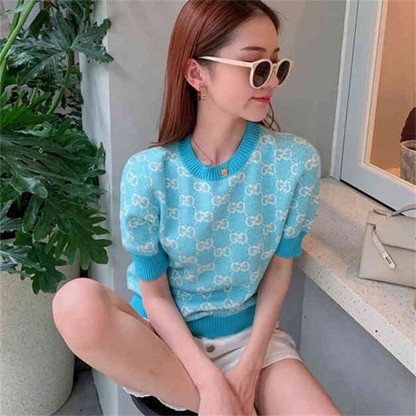 

[made with ingenuity] summer ice silk sweater short sleeve round neck pullover small fragrance versatile women's t-shirt, Black;brown