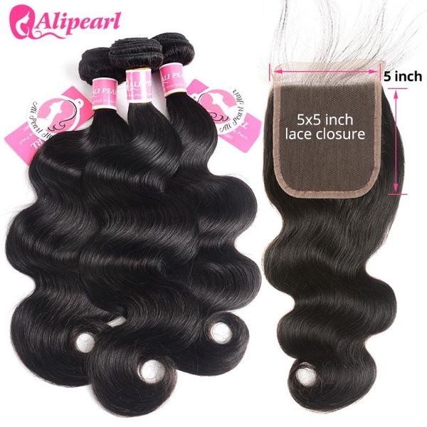 

human hair bulks body wave 3 bundles with 5x5 lace closure part peruvian weave remy extension alipearl, Black