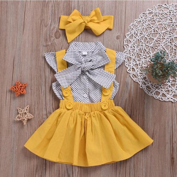 

clothing sets baby girls clothes 2021 summer dot flying sleeve shirt+strap dresses+headband kids children's suit1, White