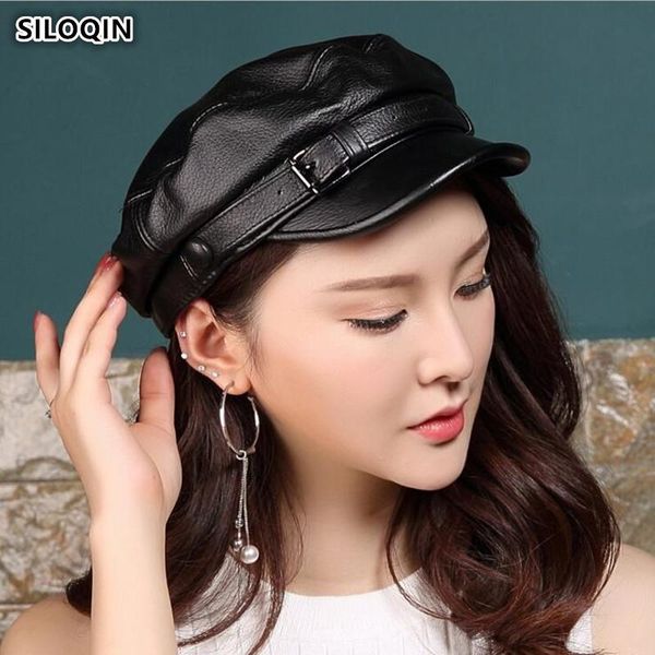 

berets siloqin autumn winter genuine leather hat women's military hats flat cap solid color tongue trend women cowhide, Blue;gray