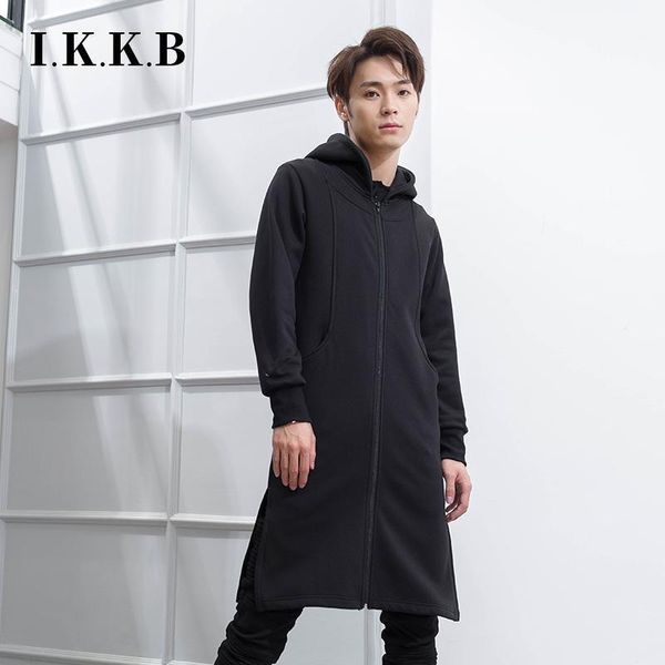 Moletons masculinos moletom com capuz e pelúcia Cardigan longo magro engrossado casaco tendência sobre o joelho juventude estilo coreano preto
