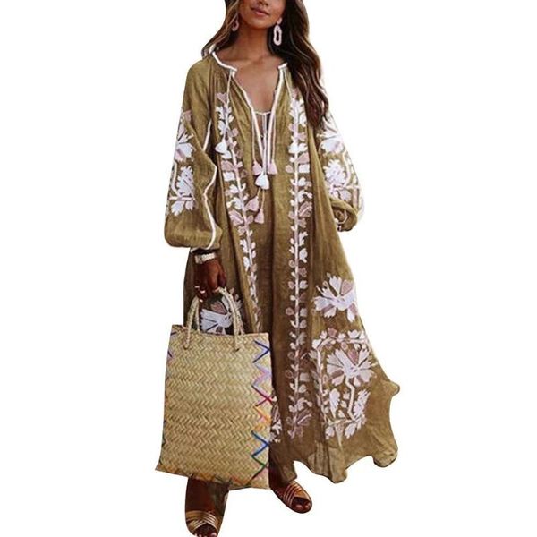 

casual dresses women vintage deep v neck lantern sleeve ethnic floral print loose long dress, Black;gray