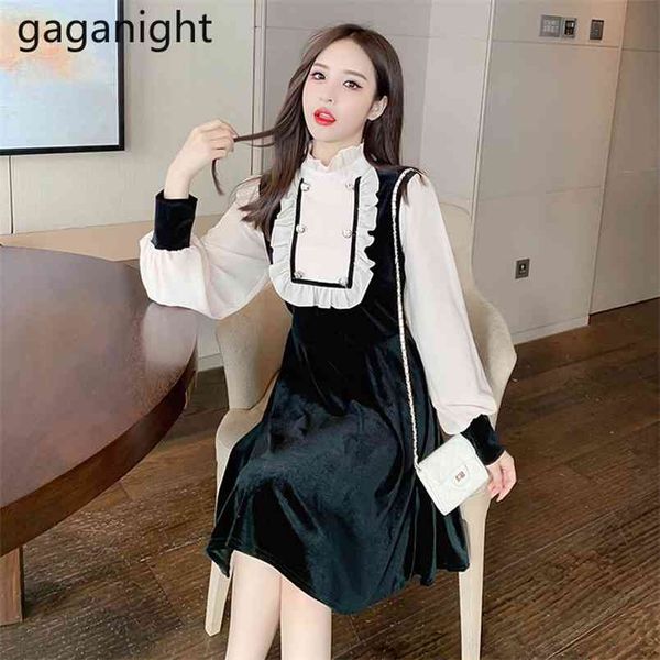 

french vintage elegant slim black short vestidos a-line stand patchwork ruffles mini dresses fashsion long sleeve 210601, Black;gray