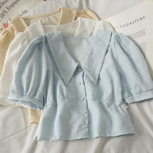 

women's blouses & shirts women fashion outdoor beading short sleeves v-neck casual blouse ladies ol sweet girls student elegant daily b, White