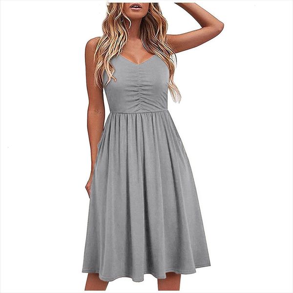 

fashion spaghetti strap solid casual women dresses v neck beach swing sundress evening party vestidos de fiesta, Black;gray