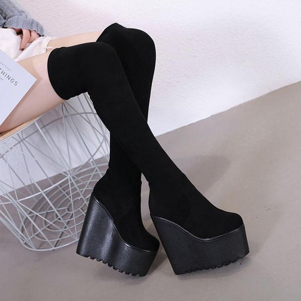 

boots over-knee for women 17cm high wedge web celebrity spring 2021 platform, Black