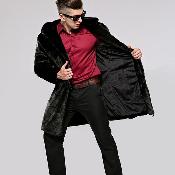 

men's fur & faux winter mens luxury long coat office work party hoody parka warm punk overcoats business man casual loose fit coats, Black