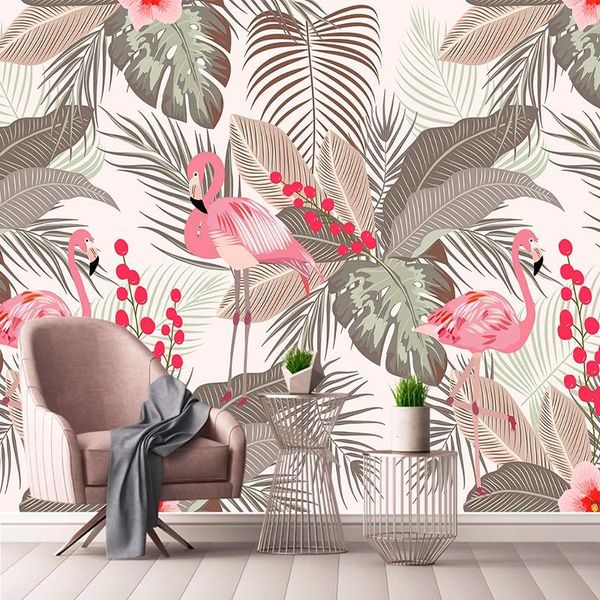 

wallpapers drop custo any size 3d wall mural wallpaper modern tropical leaves pink bird painting waterproof sticker