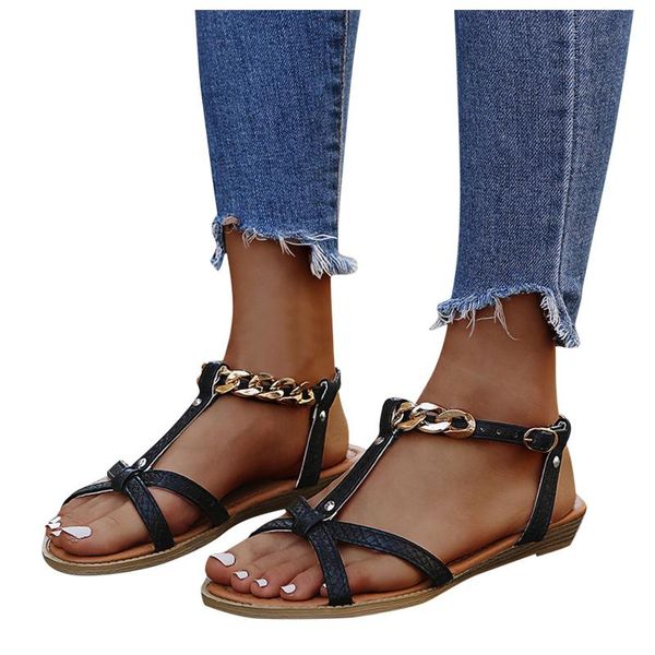 

sandals summer women's fashion large size flat bohemian metal buckle casual, Black