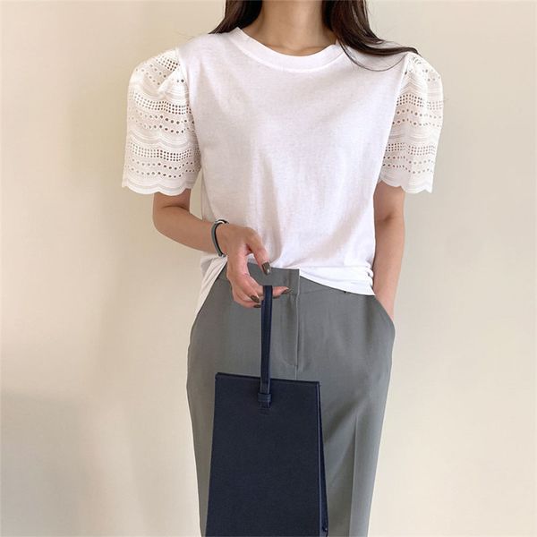 

stylish loose all match patchwork lace summer sweet chic gentle casual slim lady ol short sleeves t-shirts 210421, White