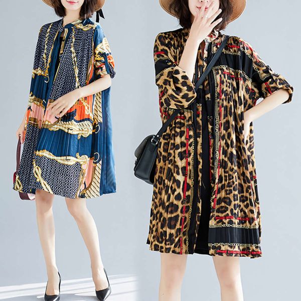 

casual dresses dress pleated leopard print chiffon fat mm large women's long sleeve breasted stand collar shirt skirt yh42, Black;gray