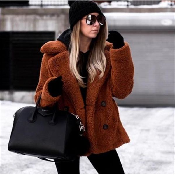 

winter thick warm teddy coat woman lapel long sleeve fluffy hairy fake fur jackets female button pockets plus size overcoat 210910, Black