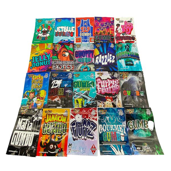 

20 print gumbo flower mylar bags 3.5 g stand up pouch glossy black back plastic packaging bag