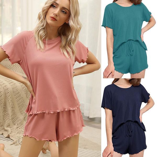 

women's two piece pants 2021 summer solid short sleeve wooden ear edge girls' ins style home suit, White