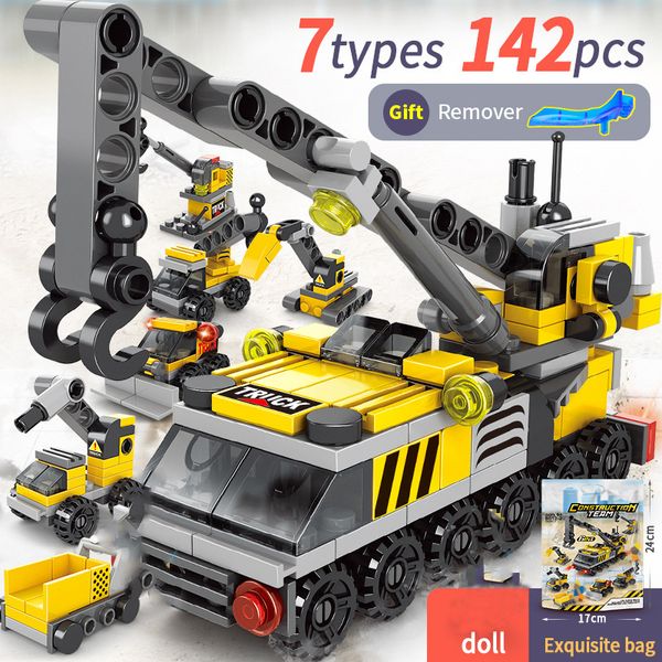 

142 PCS 6 IN 1 Enlighten Brick Engineering vehicle Building Blocks Girl And Toy Car Ttuck Toys Excavator Trolley Crane Bulldozer