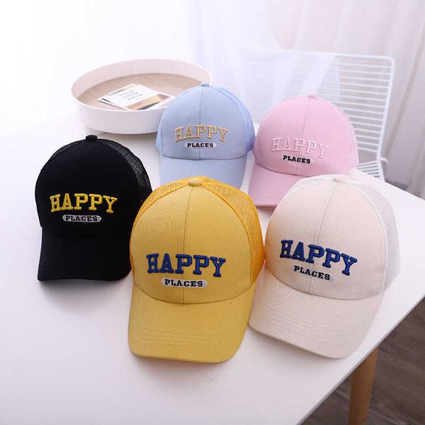 

children's hat summer thin mesh sunshade hat embroidery happy children's cap outdoor children's sunscreen hat, Yellow