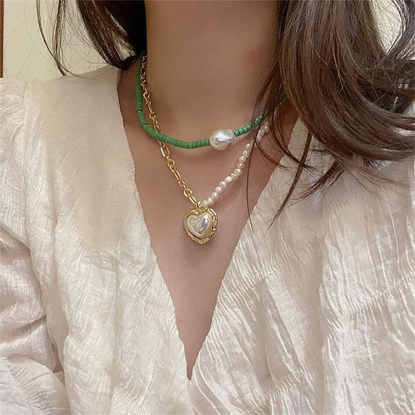 

chains aomu 2021 romantic green yellow resin imitation pearls beaded necklace irregular geometric love clavicle chain for women gifts, Silver