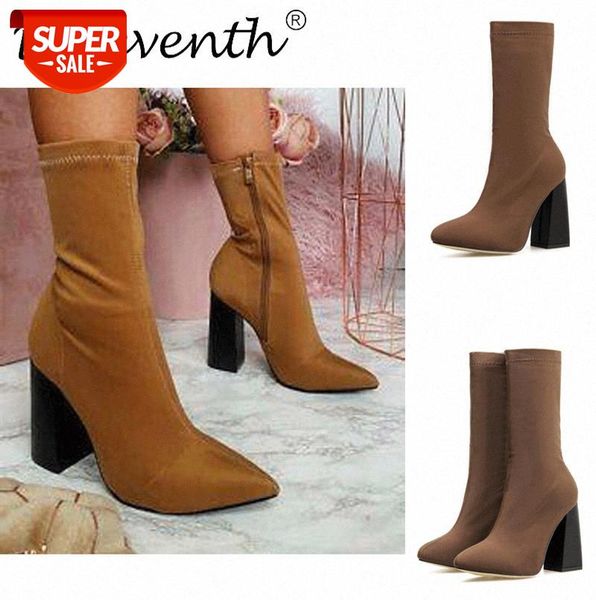 

deleventh shoeswoman brown elastic boots high thick heel mid-tube pointed toe ankle heels are available in size 40 #ie2k, Black