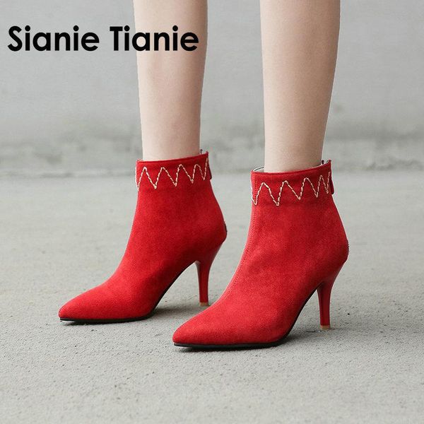 

boots sianie tianie women 2021 autumn winter ankle for thin heel zipper casual female shoes red botas mujer, Black