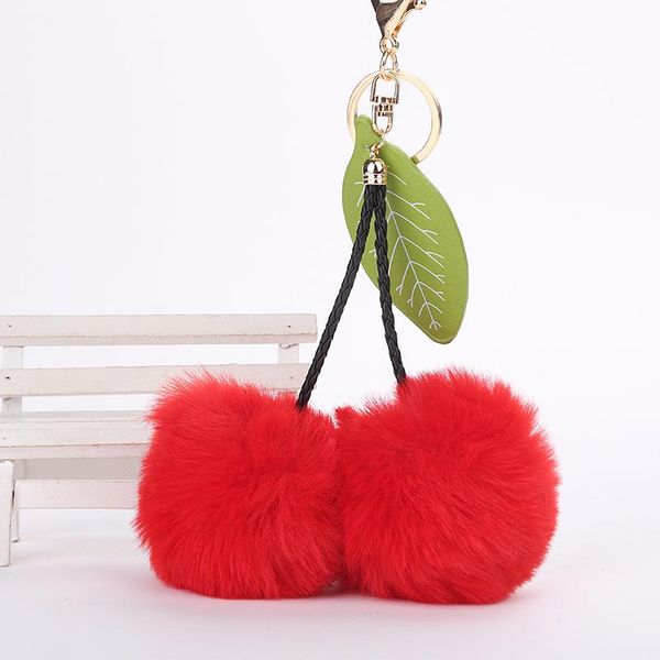 

keychains cute fruit cherry pendants for women purse bag double pompom balls leaf key chains fluffy fake fur car ring, Silver
