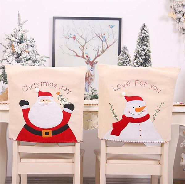 

christmas chair back cover snowman santa claus doll covers linen embroidery home party decoration